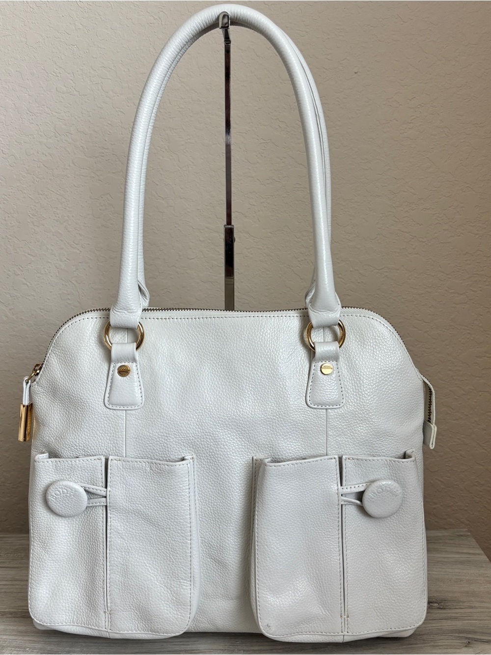BODHI White Soft Pebbled Leather Tote Bag Large Shoulder Satchel Gold Hardware - Picture 2 of 11